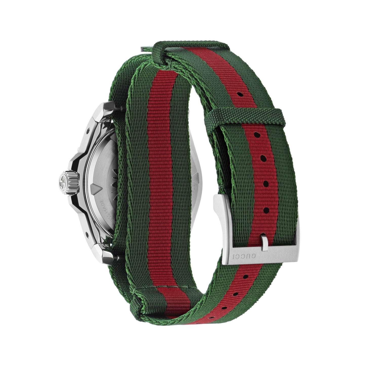 The image showcases a Gucci Dive Automatic 40mm Watch featuring a fabric strap with green and red stripes. The metal watch case back is visible along with the clasp, which is engraved. The strap, decorated with the Interlocking G logo, loops through the watch, partially obscuring its face.