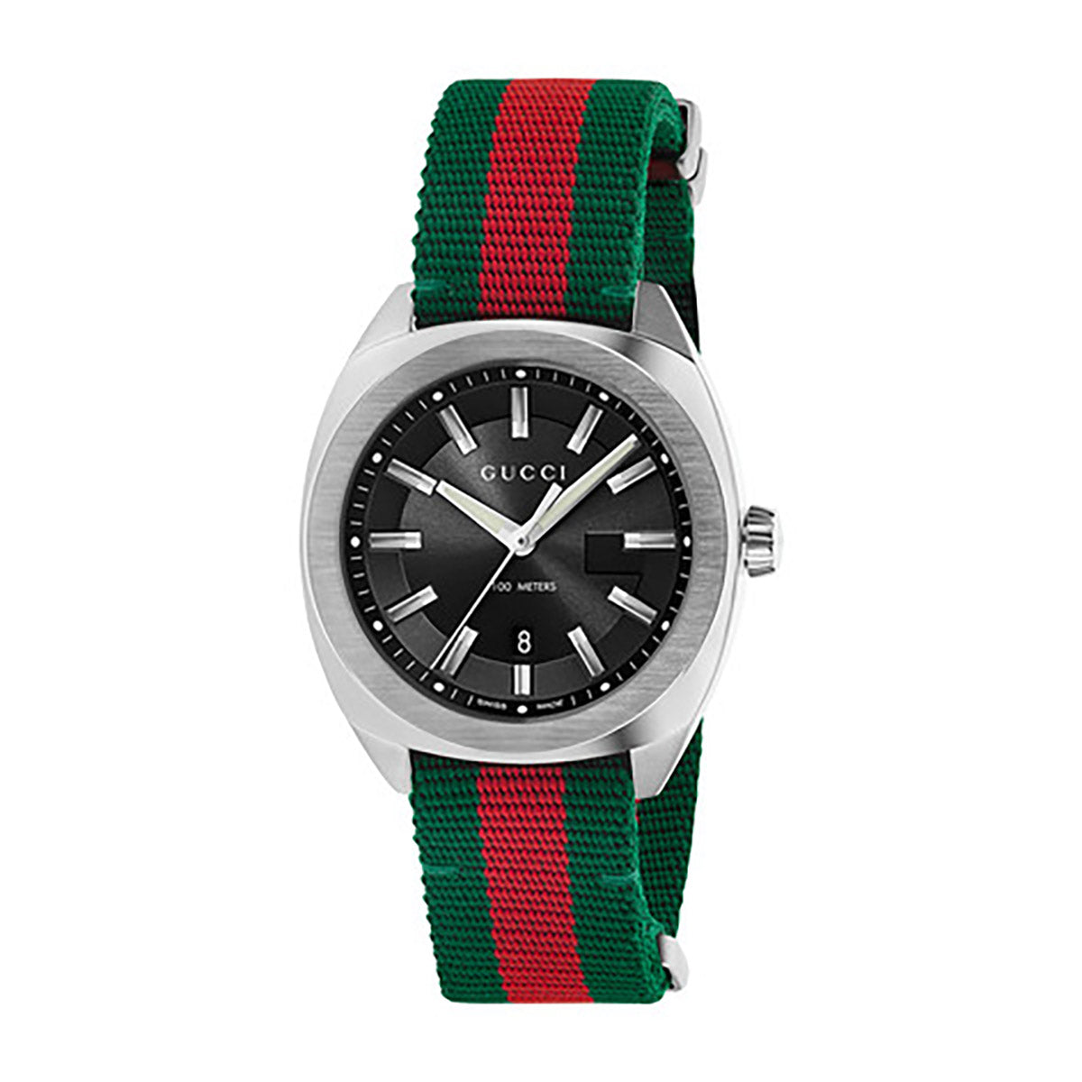 The GUCCI GG2570 Quartz 41mm Watch boasts a silver case and black dial, accented by the iconic green and red Web stripe fabric strap. Silver hands and hour markers add to its sophistication, with a convenient date window located at 6 o'clock.