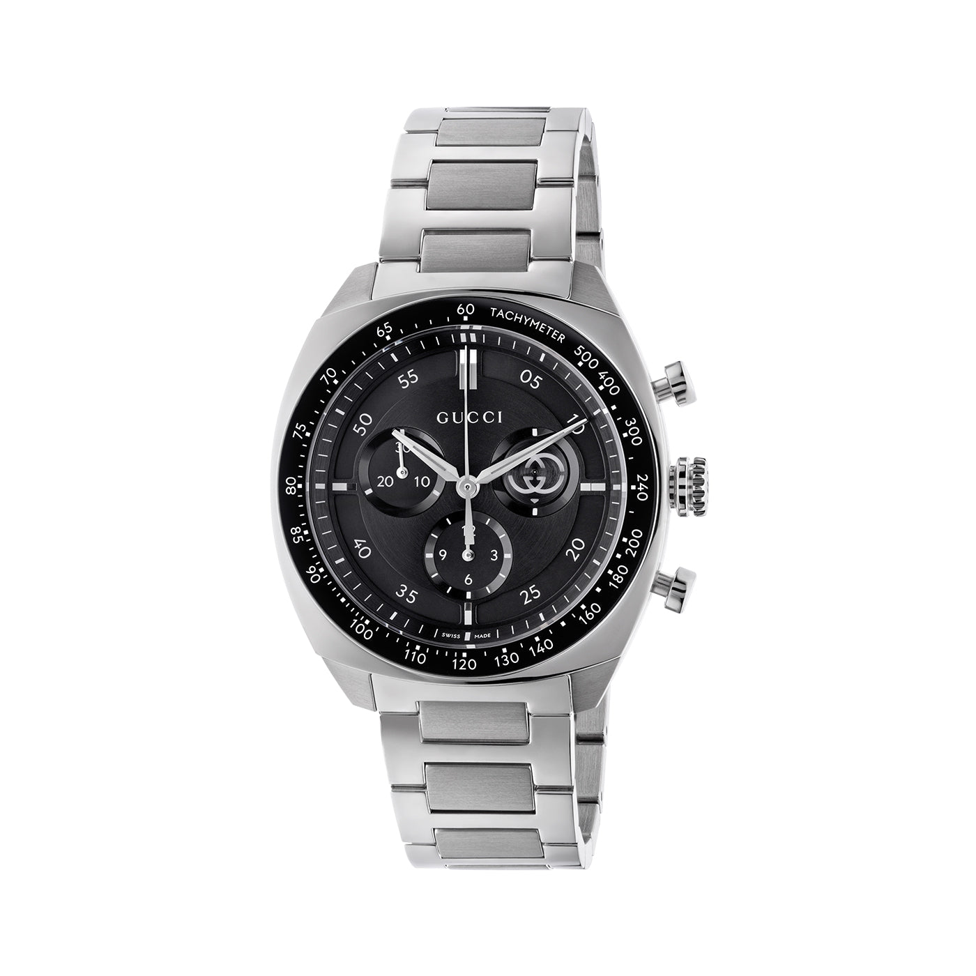 A Gucci Interlocking Quartz 41mm Watch by GUCCI features a silver metal wristwatch with a black round face, including three subdials and a tachymeter scale. It is equipped with quartz movement and has a stainless steel bracelet, showcasing visible hour, minute, and second hands.