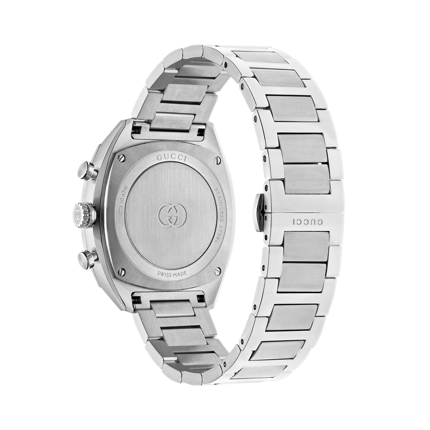 A back view of the elegant Gucci Interlocking Quartz 41mm Watch showcases its stainless steel design, complete with a brushed metal bracelet and clasp. This luxurious GUCCI timepiece features a round case with engraved branding, a visible crown, and is powered by quartz movement, embodying contemporary sophistication.