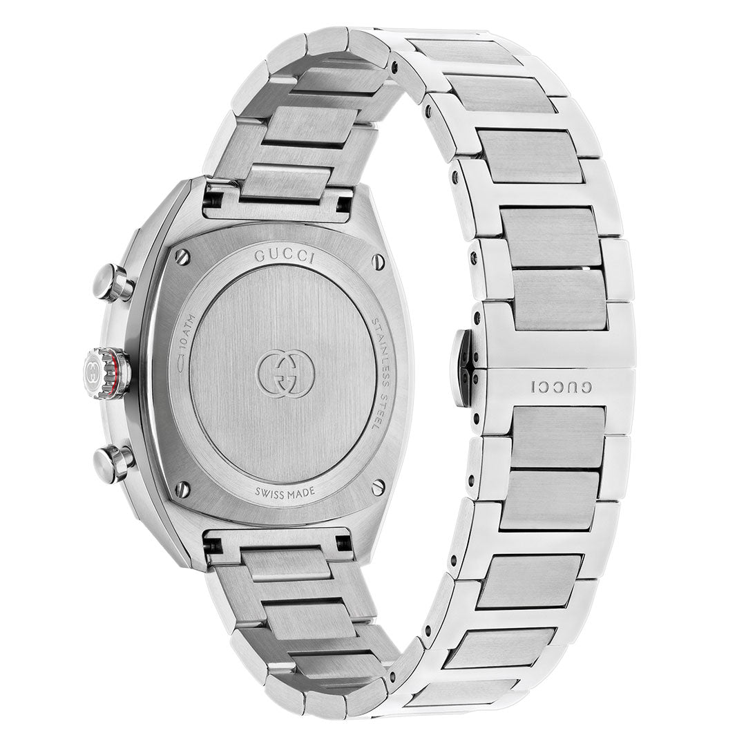 Back view of the GUCCI Interlocking Quartz 41mm Watch in silver, featuring a stainless steel bracelet, engraved Gucci logo on the case back, "Swiss Made" inscription, and metal links.