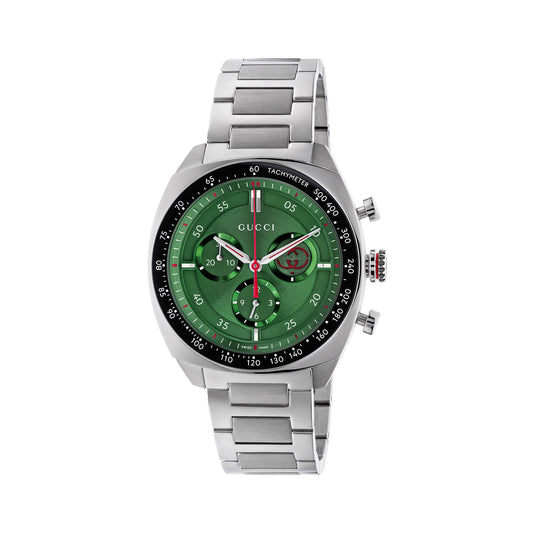 Introducing the Gucci Interlocking Quartz 41mm Watch by GUCCI: a striking silver wristwatch featuring a green face and chronograph function. It includes three sub-dials, a tachymeter scale along the bezel, and is complemented by a stainless steel bracelet. This watch elegantly combines distinctive hour markers with both style and precision.