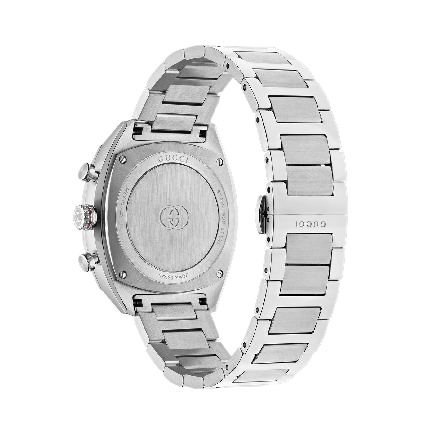 Displayed is the back view of a silver Gucci Interlocking Quartz 41mm Watch featuring a metal bracelet. The case back includes engraved details such as the GUCCI Watch logo, brand name, and "Swiss Made." It features quartz movement, and the band has a sleek, polished finish with a clasp closure.