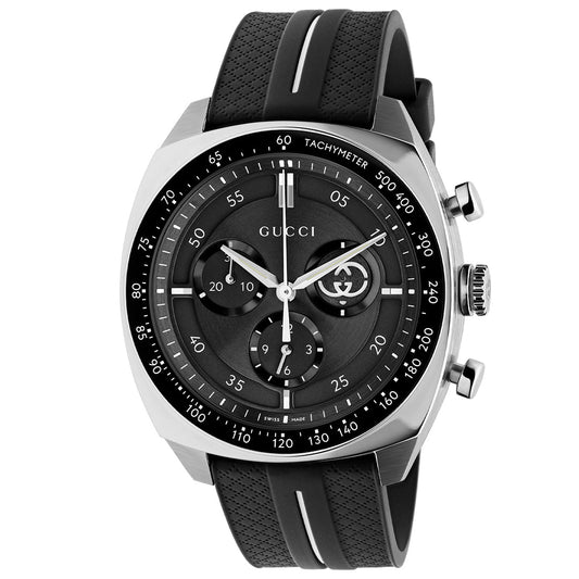The Gucci Interlocking Quartz 41mm Watch features a black dial with three subdials, tachymeter bezel, prominent crown and pushers, and a textured black rubber strap with two white stripes.