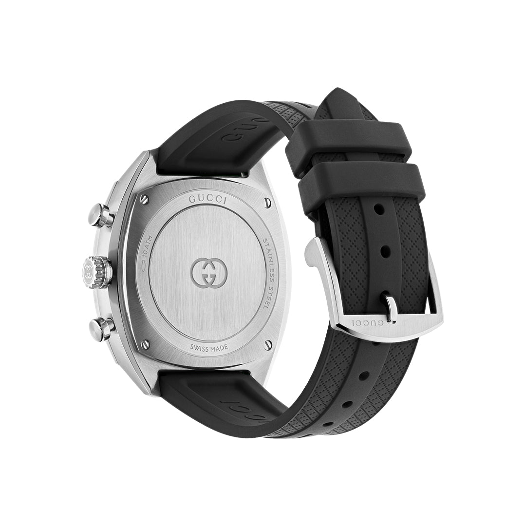 The image shows the back of a Gucci Interlocking Quartz 41mm Watch by GUCCI, featuring a stainless steel case engraved with the GUCCI logo and a black textured rubber strap with a silver buckle marked "GUCCI.
