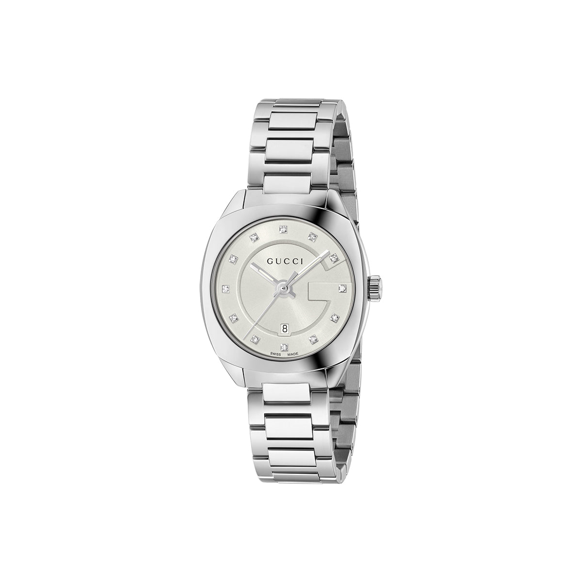 The Gucci GG2570 Quartz 39mm Watch, a luxurious silver timepiece from GUCCI Watch, showcases a round face adorned with diamond-like markers at each hour and the iconic brand logo prominently displayed at the top. Encased in a stainless steel bezel, this watch also features an elegantly designed metal link bracelet with a sophisticated geometric pattern.