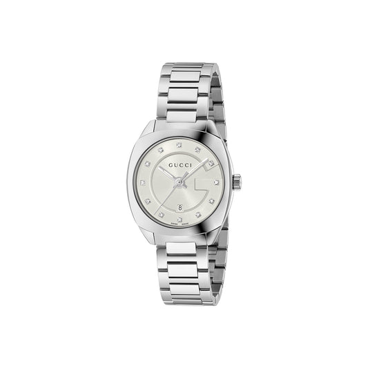 The Gucci GG2570 Quartz 39mm Watch, a luxurious silver timepiece from GUCCI Watch, showcases a round face adorned with diamond-like markers at each hour and the iconic brand logo prominently displayed at the top. Encased in a stainless steel bezel, this watch also features an elegantly designed metal link bracelet with a sophisticated geometric pattern.