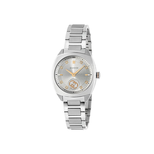 The Gucci Interlocking G Quartz 29mm Watch by GUCCI features a stainless steel wristwatch with a silver face and gold hour markers, adorned with the iconic Gucci logo. Its classic link bracelet enhances its elegant design, while the quartz movement ensures precision. For an elevated timeless appeal, optional diamonds are available.