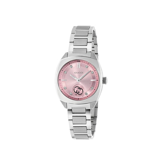 Presenting the GUCCI Watch Interlocking G Quartz 29mm, a stunning silver stainless steel watch that showcases a pink sunbrushed dial adorned with diamond hour markers. It features a subdial above the 6 o'clock position and a chic linked bracelet, powered by precise quartz movement for contemporary elegance.