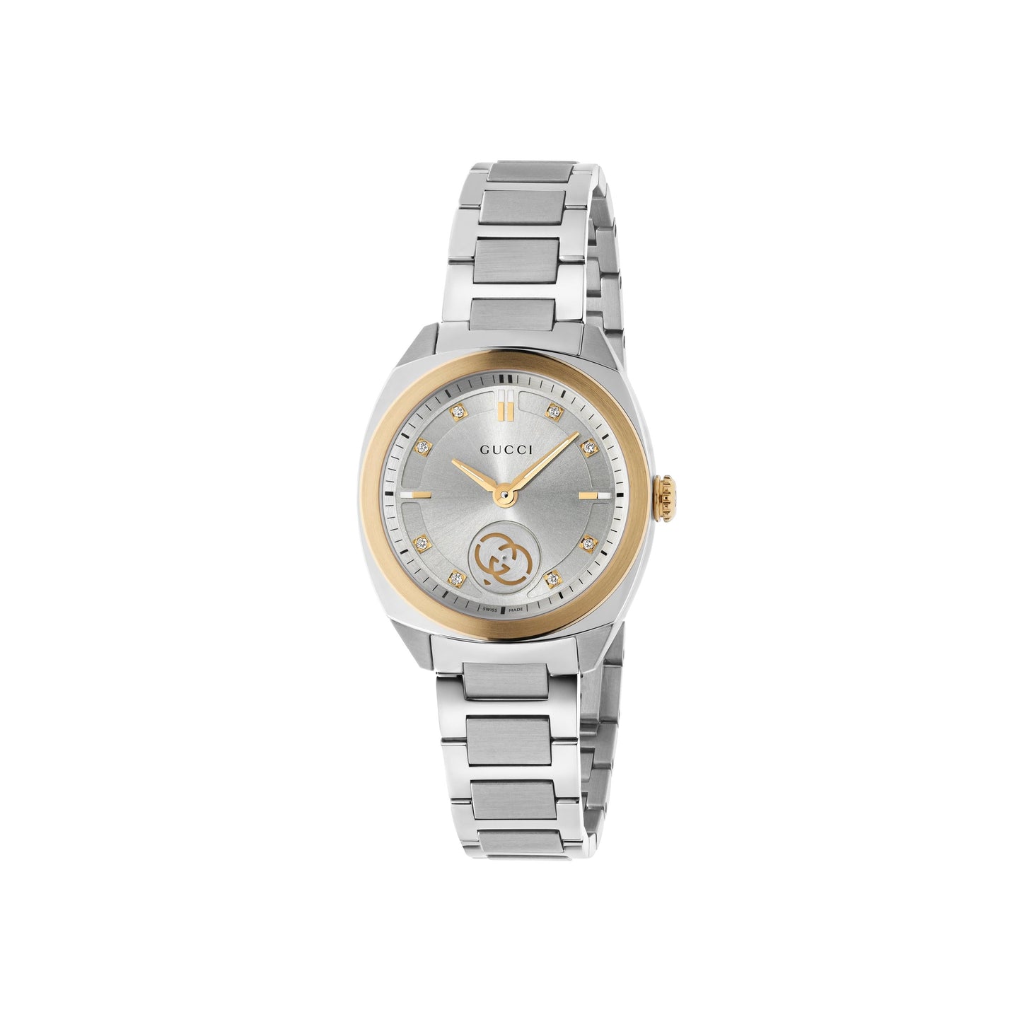 The GUCCI Interlocking Quartz 29mm Watch features a silver metal link band, pink gold-plated bezel and crown, grey face with diamond indexes, gold hands, and Gucci logos at 12 and 6 o’clock, shown on a white background.