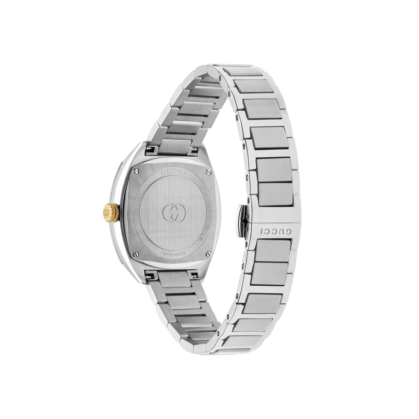 The GUCCI Watch Interlocking Quartz 29mm features a stainless steel square case, engraved backplate, gold crown, metal link bracelet, and diamond indexes. Shown angled to highlight the engraved back and partially open bracelet.
