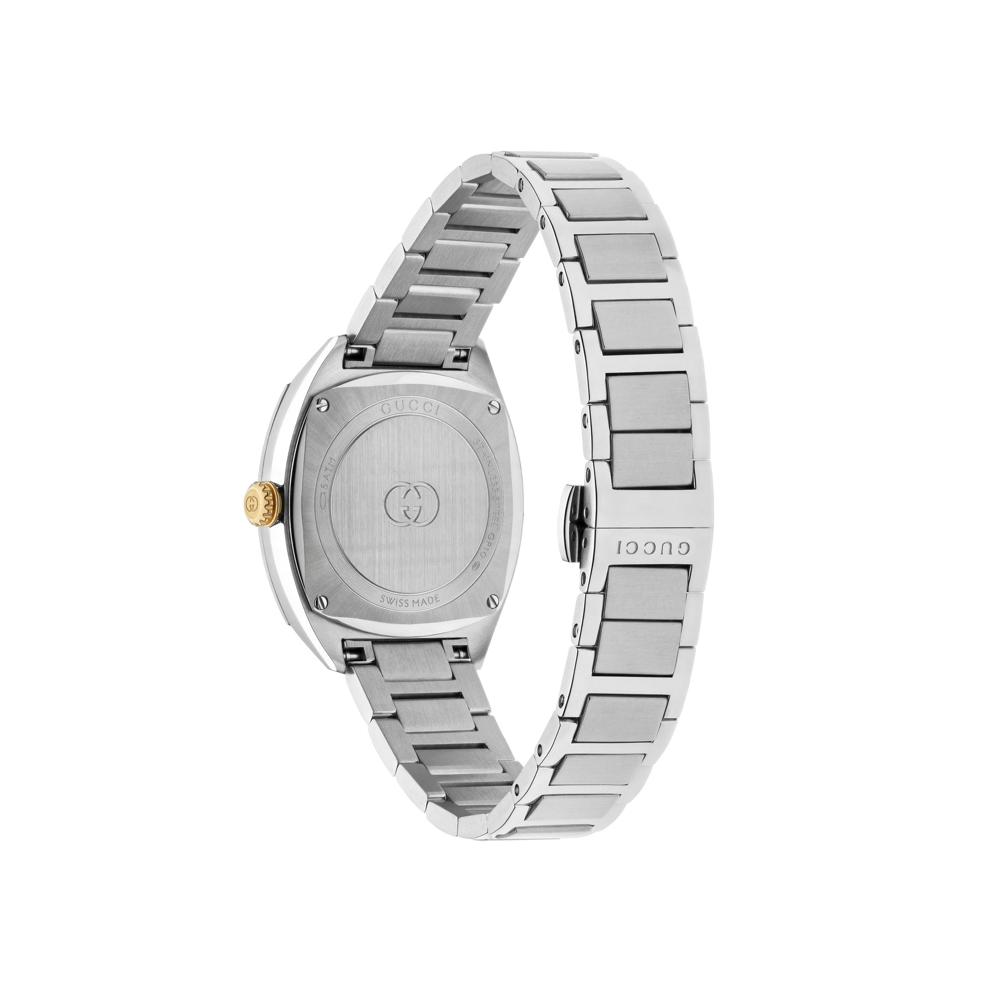 The GUCCI Watch Interlocking Quartz 29mm features a stainless steel square case, engraved backplate, gold crown, metal link bracelet, and diamond indexes. Shown angled to highlight the engraved back and partially open bracelet.