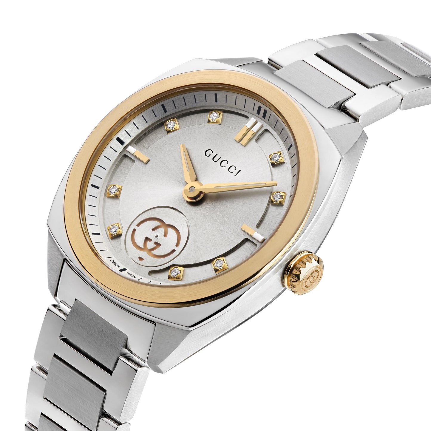 The Gucci Interlocking Quartz 29mm Watch by GUCCI Watch features a silver case with a gold bezel, a silver dial, diamond-accented pink gold-plated hour markers, and a linked metal band, shown in an angled close-up.