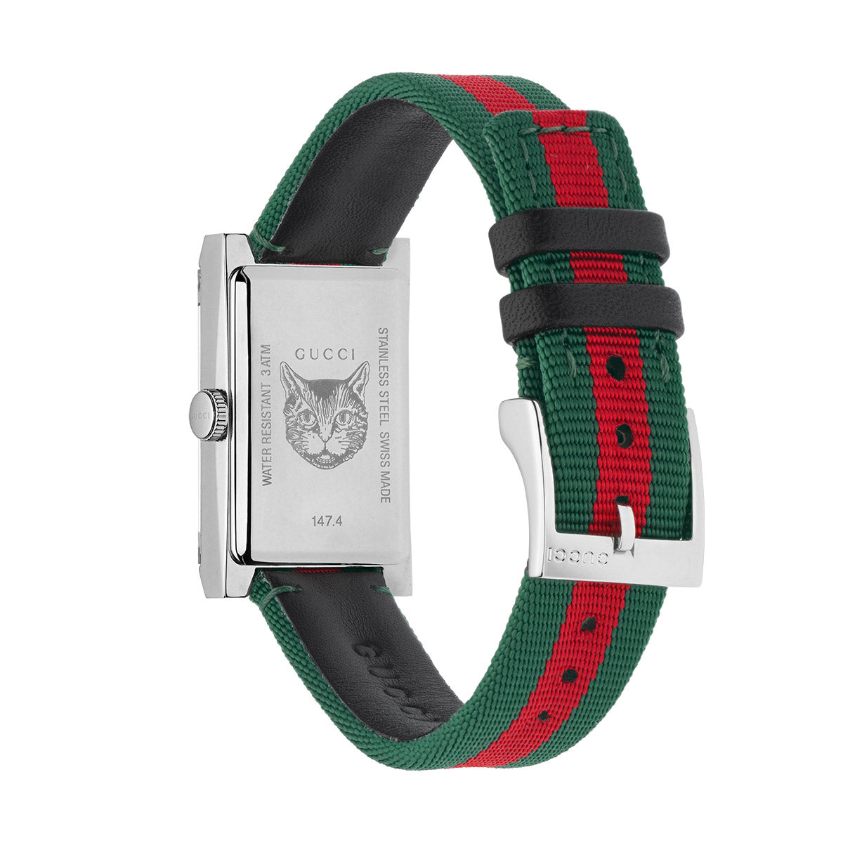 This Gucci G-Frame Quartz 21mm x 34mm watch showcases a rectangular silver case adorned with a chic cat design on the back. It comes with a green and red striped fabric strap featuring a sleek silver buckle, prominently displaying the GUCCI brand name on the case.