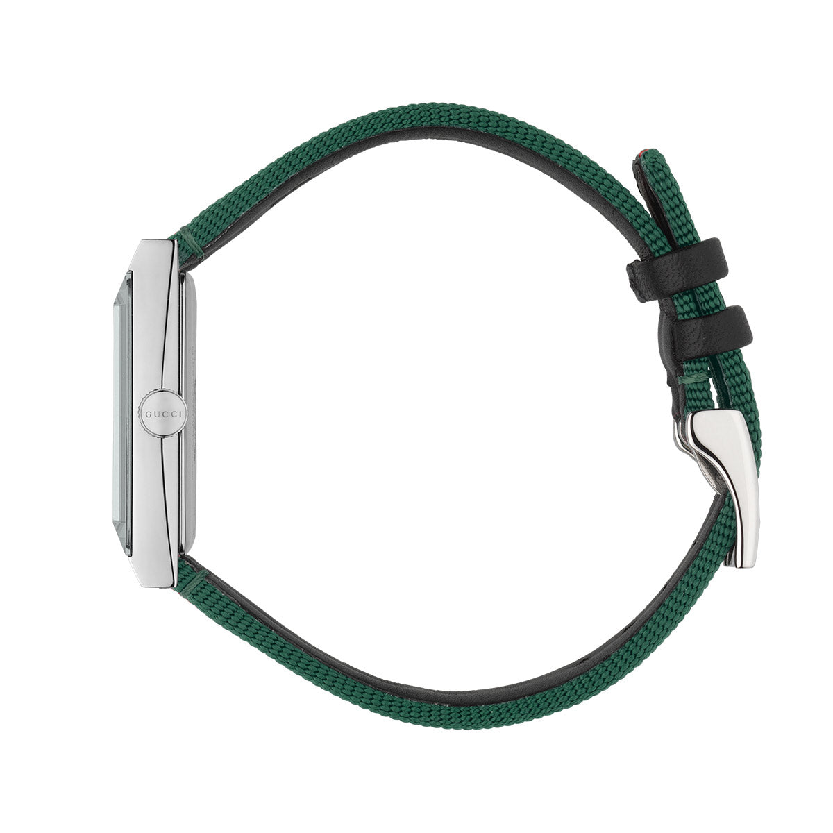 This elegant timepiece showcases a side view of the Gucci G-Frame Quartz 21mm x 34mm Watch, with a rectangular silver casing and a forest green fabric strap accented by a black leather trim and stainless steel buckle. The GUCCI Watch brand name is prominently displayed, making it suitable for both casual and formal occasions.