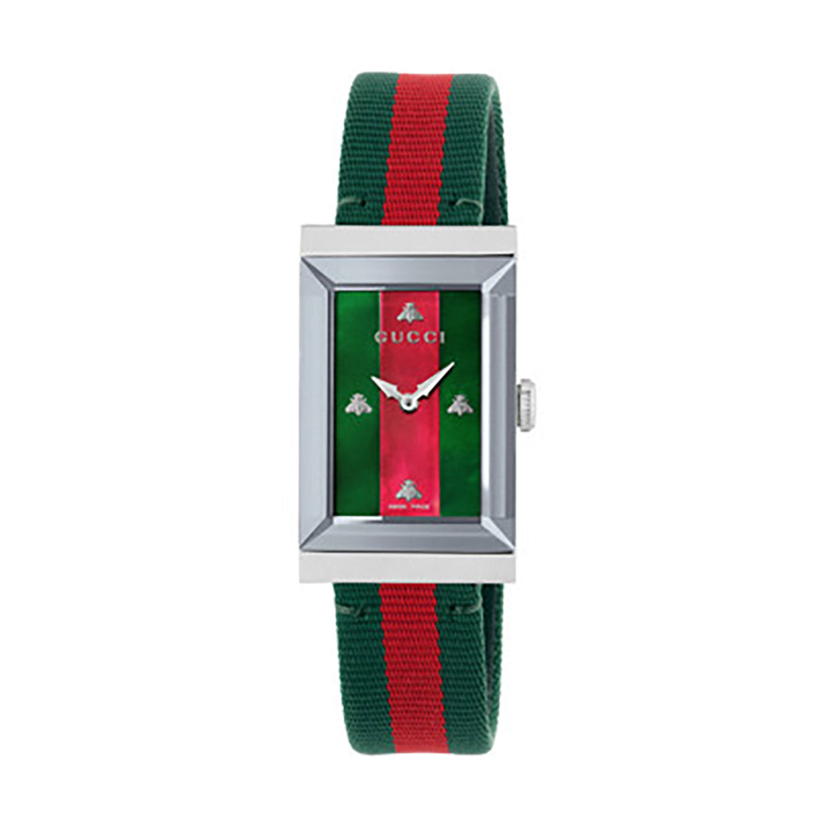 The Gucci G-Frame Quartz 21mm x 34mm Watch by GUCCI features a rectangular silver case with a green and red striped dial displaying "GUCCI" alongside small icons. The timepiece's elegant design is complemented by its matching green and red striped fabric strap.