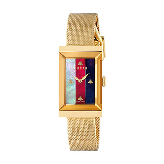 The Gucci G-Frame Quartz 21mm x 34mm Watch, by GUCCI Watch, features a rectangular face highlighted with red, black, and green vertical stripes on its dial adorned with delicate bee motifs. Complemented by a yellow gold PVD mesh bracelet, this sophisticated timepiece elevates any outfit effortlessly.