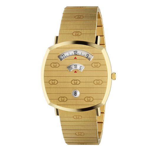 The Gucci Grip Quartz 38mm Watch by GUCCI Watch is an elegant timepiece with a yellow gold PVD finish. It features a large rectangular dial adorned with horizontal engraved Interlocking Gs and small circular logos. The watch includes three windows that display hours, minutes, and seconds, along with a date window at the bottom. A matching gold band completes its sophisticated design.