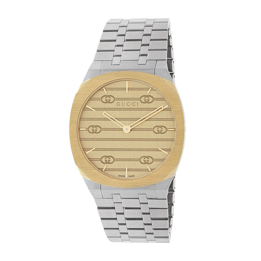 The Gucci 25H Quartz 38mm Watch from GUCCI features a silver metal strap and a round gold face, emphasizing minimalist design with the iconic Gucci logo. Its dial is adorned with gold hour markers and hands, exuding elegance. This sophisticated timepiece is completed with the Interlocking G motif.