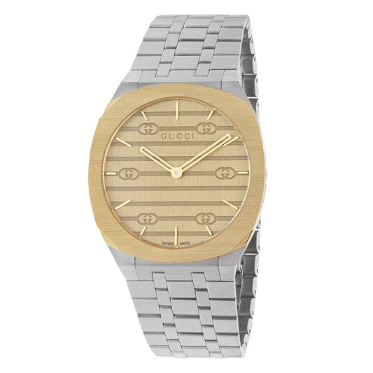 The Gucci 25H Quartz 38mm Watch, by GUCCI Watch, showcases a luxurious gold-toned face and gold-plated case adorned with the iconic Gucci logo and metallic markers. It features a sophisticated five-link steel bracelet that seamlessly combines sleek, modern design with timeless elegance.