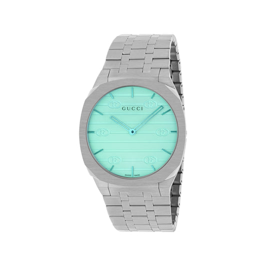 Introducing the Gucci 25H Quartz 38mm Watch, an exquisite silver timepiece featuring a refined stainless steel bracelet and a round, light turquoise face. This GUCCI Watch highlights minimalist hour markers and prominently displays the iconic Gucci logo at its center, with the elegant incorporation of the Interlocking G motif for added sophistication.
