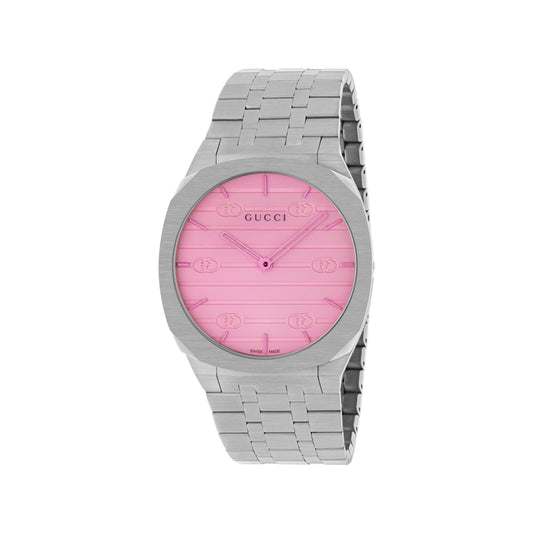 Explore the GUCCI Watch 25H Quartz 38mm, featuring a minimalist pink dial adorned with the iconic Interlocking G motif. Complemented by a sleek silver metal bracelet, this exquisite timepiece showcases the Gucci logo at the top center of the dial, drawing inspiration from contemporary architecture.