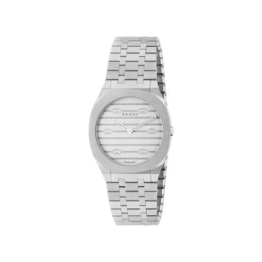 Introducing the Gucci 25H Quartz 30mm Watch by GUCCI, featuring a silver sunbrushed dial complemented by a metallic band. The design includes minimalist hour markers and the iconic Gucci logo, with a round face that sports a subtle striped pattern reflecting contemporary architectural elegance.
