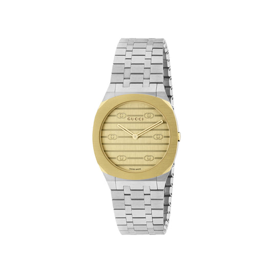 A high-end timepiece from GUCCI Watch, the Gucci 25H Quartz 30mm Watch features a sleek silver metal bracelet and a gold-toned dial. Its round face displays minimalist hour markers alongside the brand's logo, echoing contemporary architectural design elements.