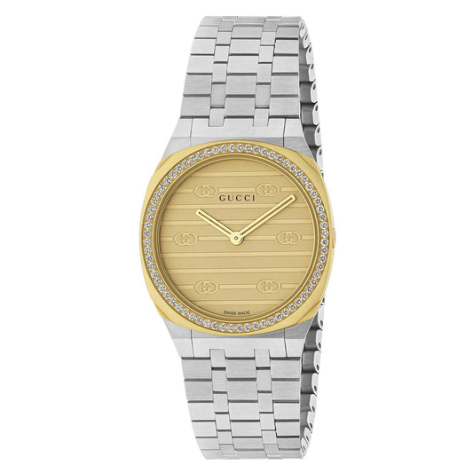 The Gucci 25H Quartz 30mm Watch by GUCCI features a luxurious silver and gold design with a stainless steel bracelet. The elegant gold watch face is adorned with embossed Gucci logos, and the bezel is accented by small crystals. "Gucci" decorates the top of the face, while "Swiss Made" appears at the bottom.