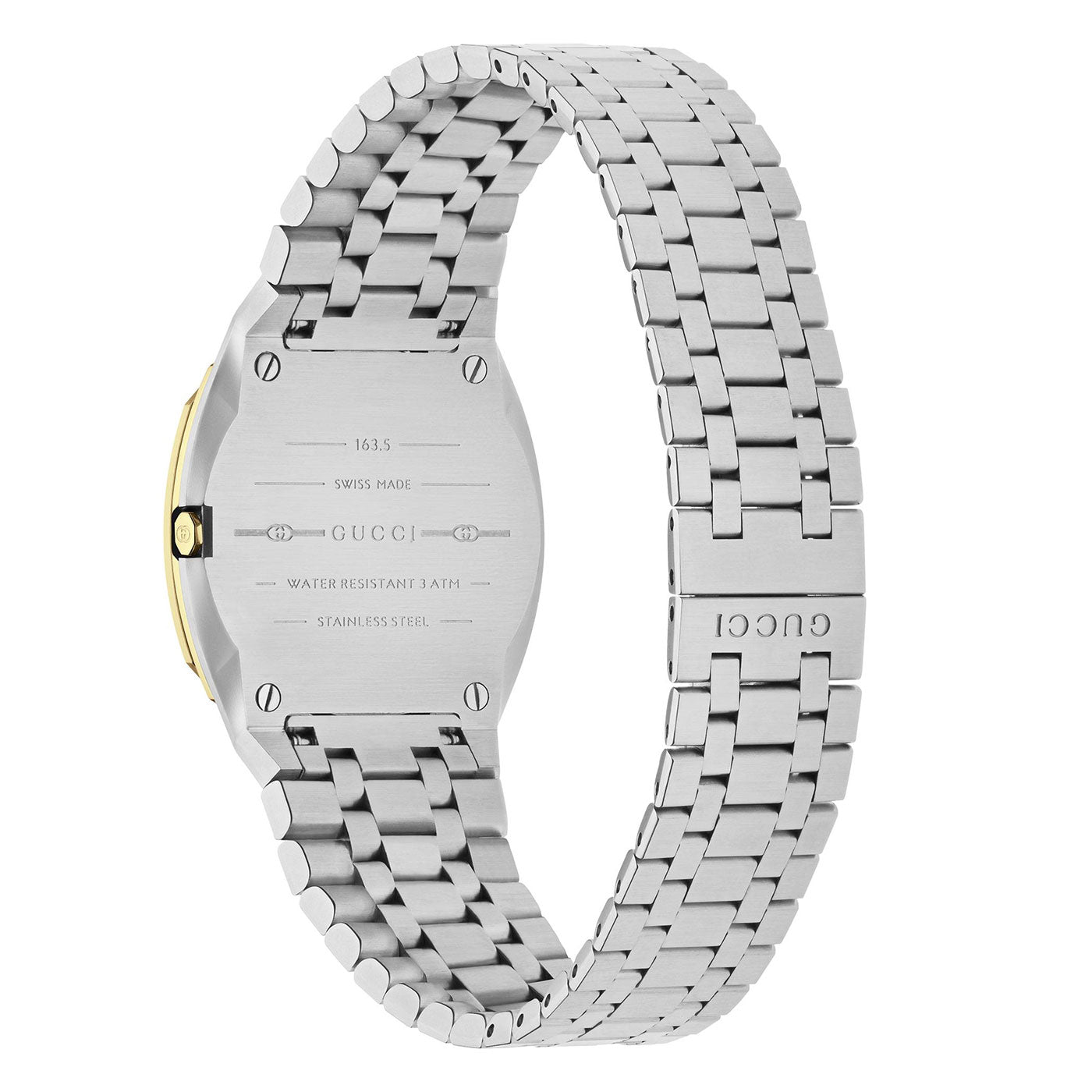 The Gucci 25H Quartz 30mm Watch, a luxurious GUCCI timepiece, highlights its silver finish and stainless steel bracelet from the back view. This Swiss-made watch is water-resistant and features a gold-toned edge along the side of the case.