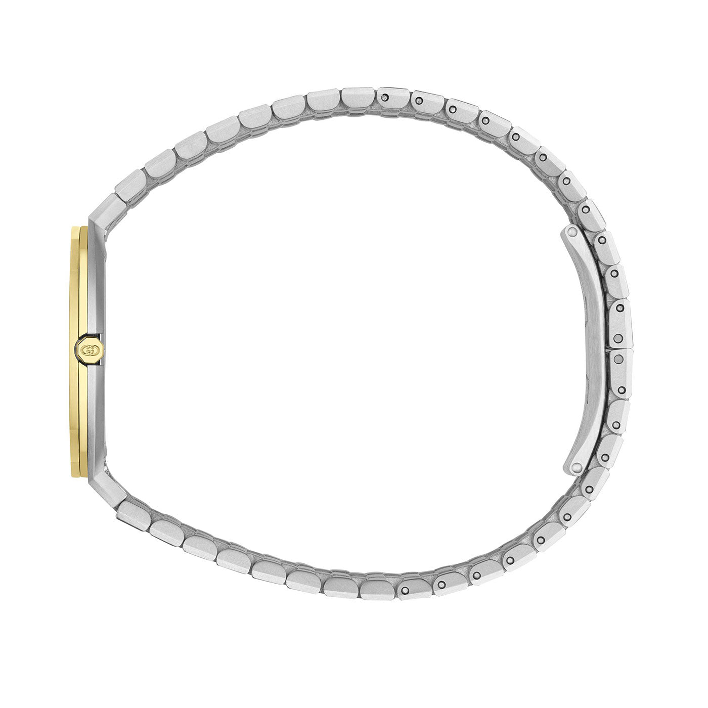 A side view of the Gucci 25H Quartz 30mm Watch from GUCCI Watch showcases its sleek design, featuring a thin metal band and a gold-colored bezel. The stainless steel bracelet enhances the two-tone metal construction, emphasizing elegance and sophistication.