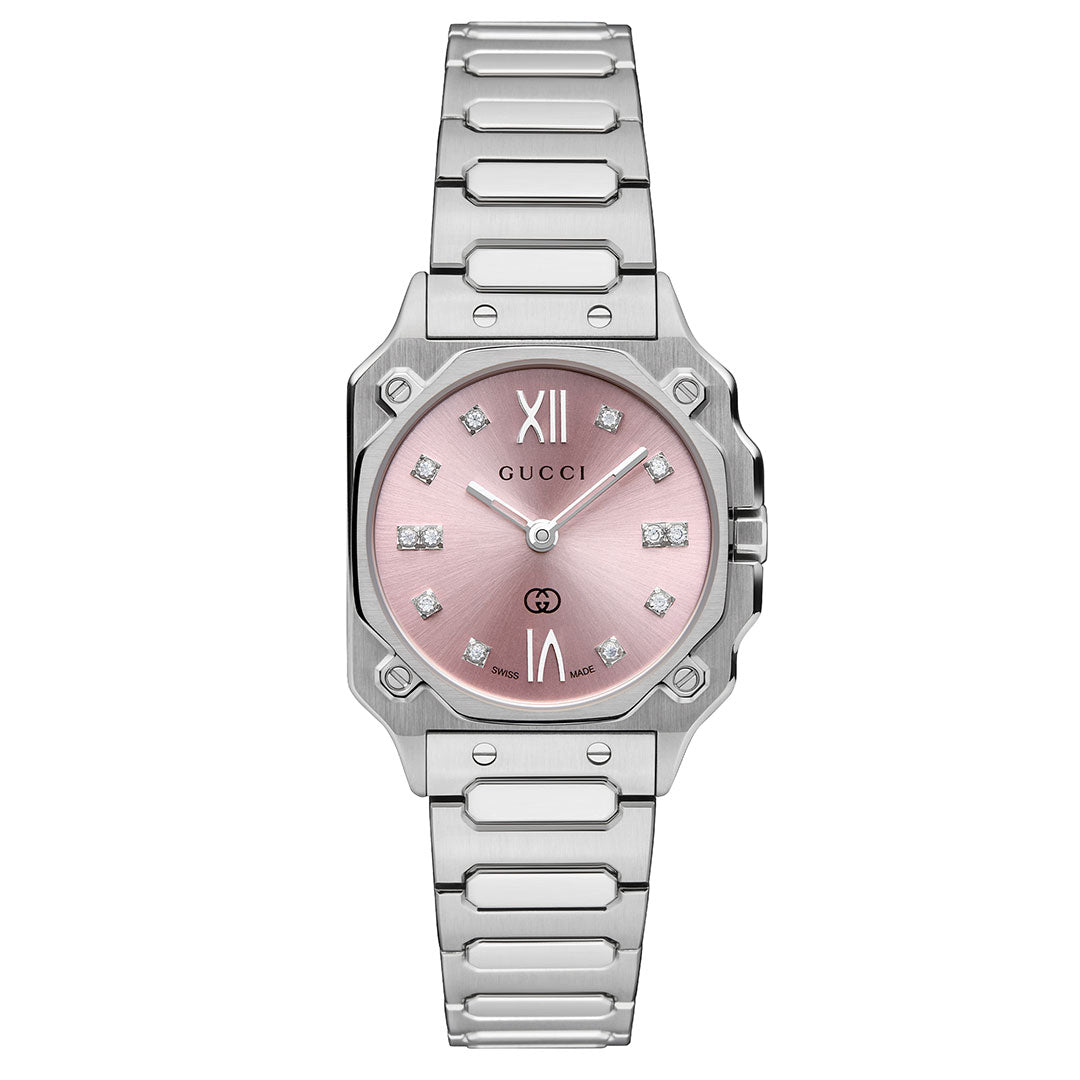 The GUCCI G-Flat Quartz 24mm Watch features a stainless steel band, pink octagonal face with diamond indexes, silver hands, and displays "GUCCI" below the 12 o'clock position.