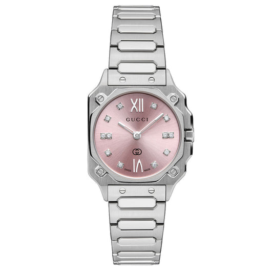 The GUCCI G-Flat Quartz 24mm Watch features a stainless steel band, pink octagonal face with diamond indexes, silver hands, and displays "GUCCI" below the 12 o'clock position.