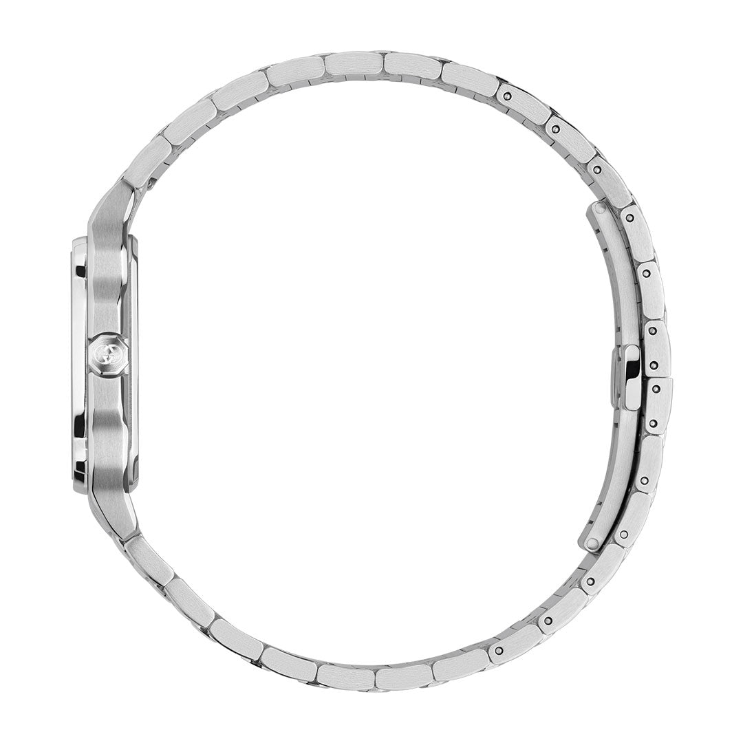 A side view of the Gucci G-Flat Quartz 30mm Watch by GUCCI, featuring a slim stainless steel case and linked bracelet, highlighting the crown and clasp without showing the black galvanized dial or watch face.