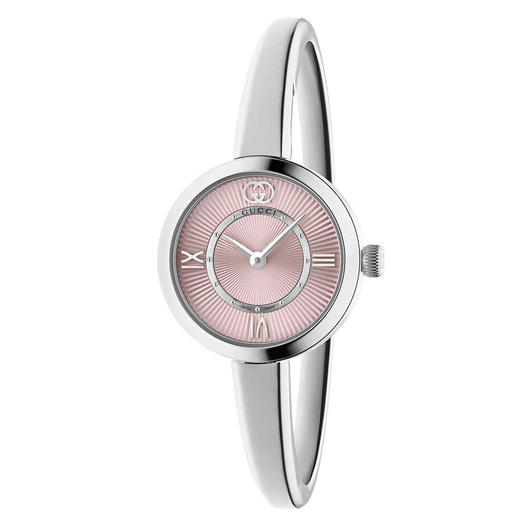 The Gucci Model 2000 Quartz 24mm women's watch features a slim silver stainless steel band and a round pink guilloché dial with silver Roman numerals at 6 and 12 o’clock, plus the GUCCI logo at the top.
