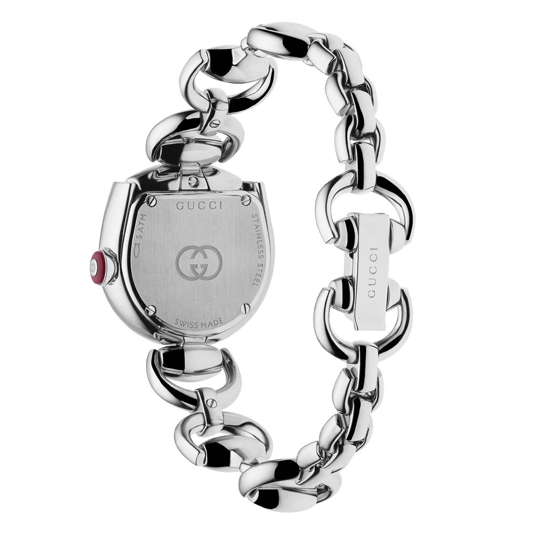 The GUCCI Horsebit Quartz 27mm x 25mm Watch features a silver rectangular case, horsebit chain bracelet, and engraved logo on the back. This polished Swiss Made GUCCI watch highlights modern elegance and signature craftsmanship.