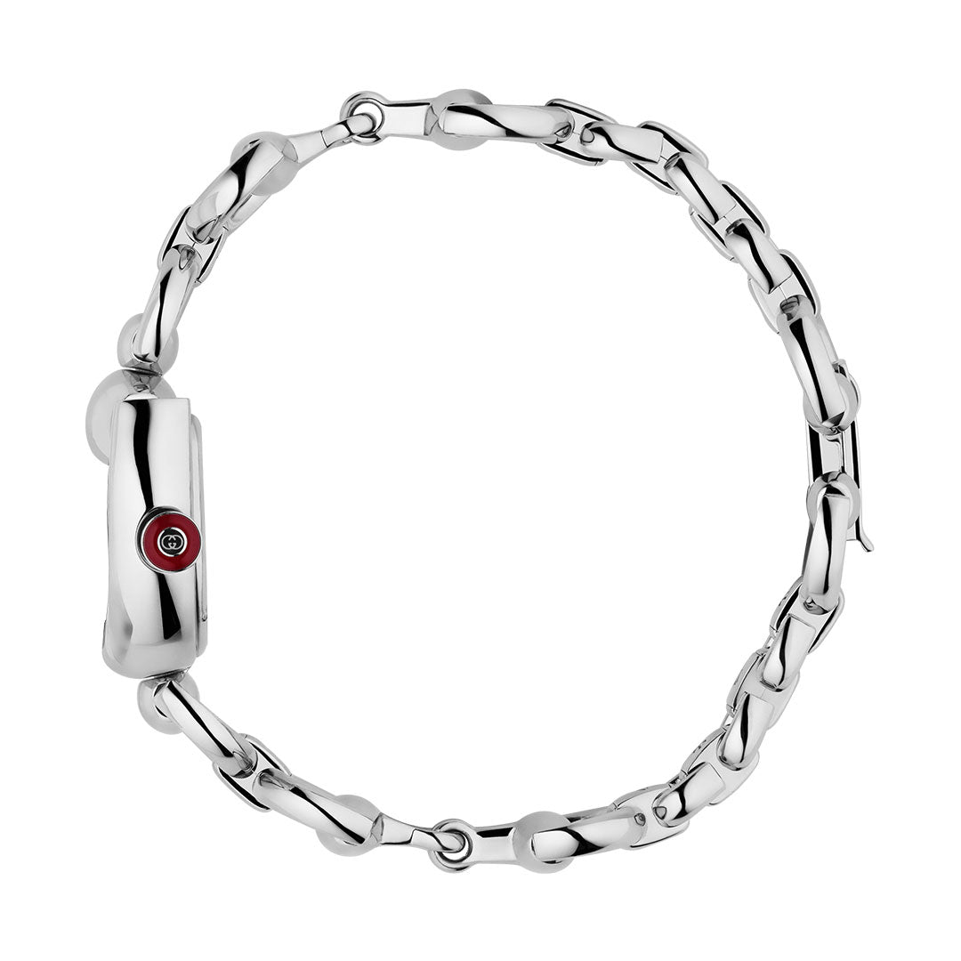 The GUCCI Horsebit Quartz 27mm x 25mm Watch is a slim, silver bracelet watch with a polished link band, small red crown detail, and showcases Swiss Made craftsmanship. The design exudes elegance from the side view.