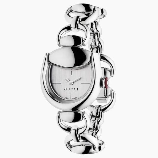 The GUCCI Horsebit Quartz 27mm x 25mm Watch features a silver horsebit-shaped case, white dial with black hands, subtle markers, "GUCCI" at the center, and a chunky stainless steel bracelet—Swiss-made precision.