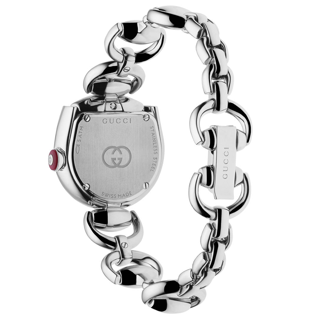 Back view of the Gucci Horsebit Quartz 27mm x 25mm Watch, showing a Swiss Made stainless steel chain-link bracelet, engraved case back, and GUCCI brand markings on the clasp and case.