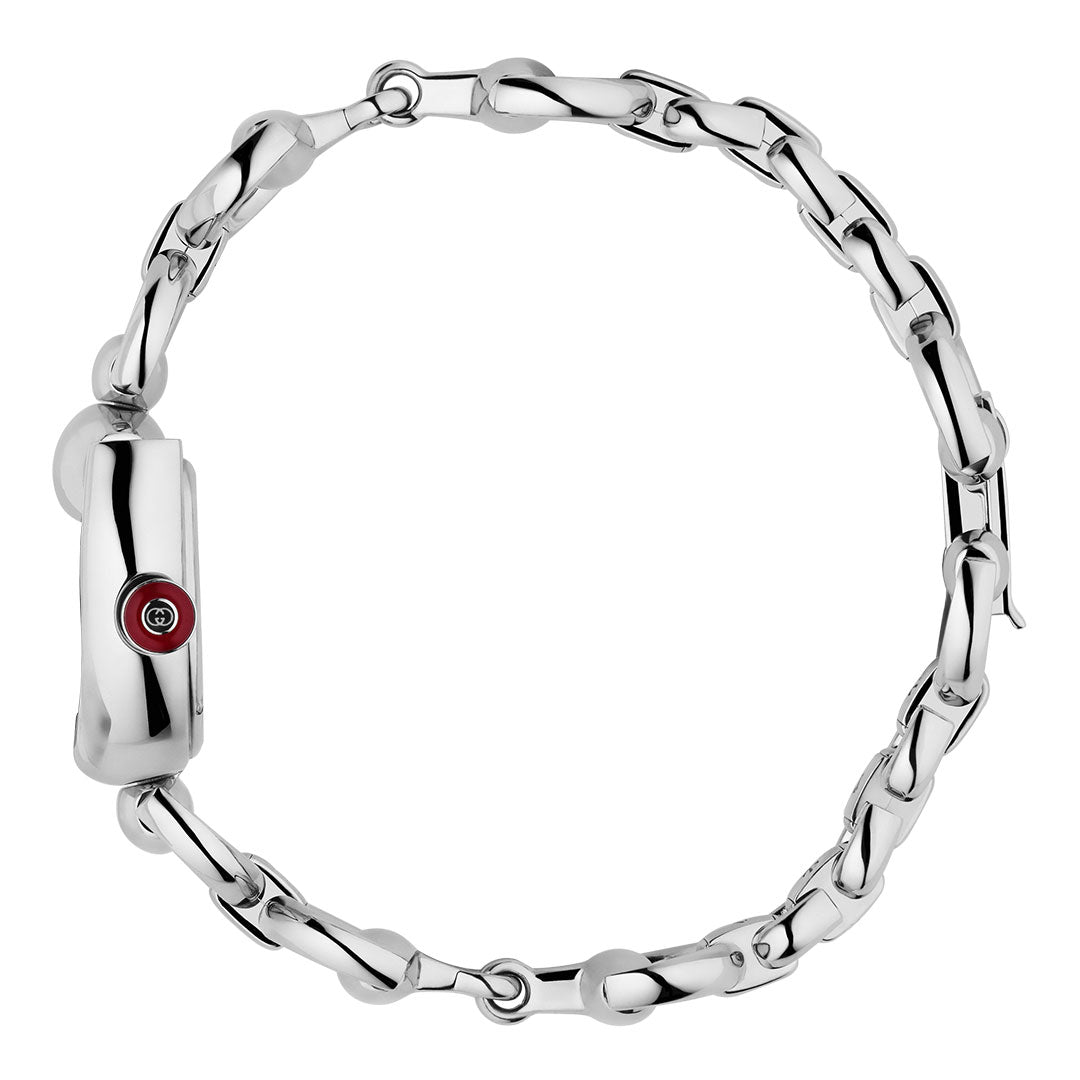 Side view of the GUCCI Horsebit Quartz 27mm x 25mm Watch in silver, featuring a stainless steel bracelet and a red circular button on the case, displayed against a white background.