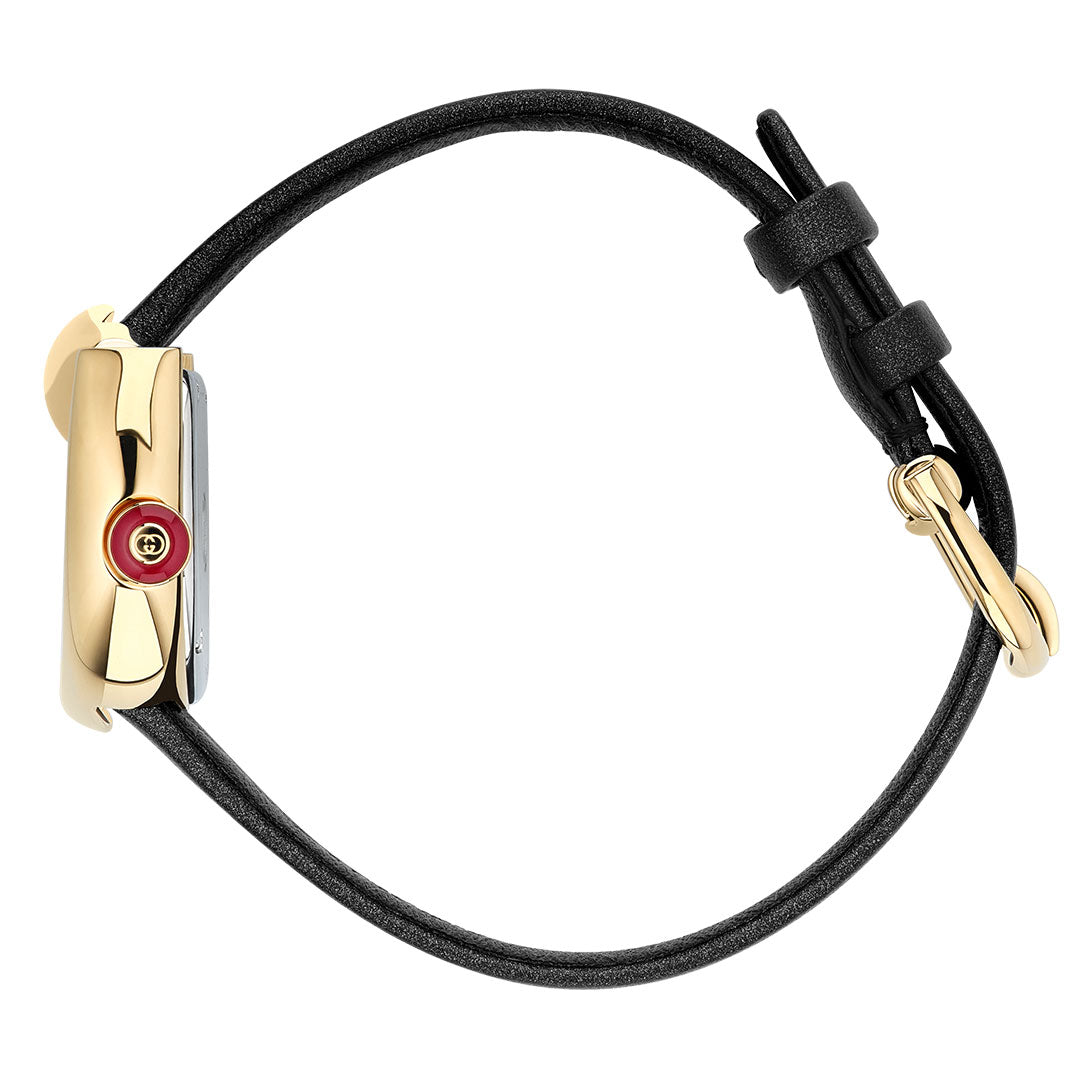 A side view of the Gucci Horsebit Quartz 27mm x 25mm Watch by GUCCI showcases its gold case, red crown, slim black leather strap, and equestrian-inspired buckle with adjustment holes—highlighting Swiss Made craftsmanship.