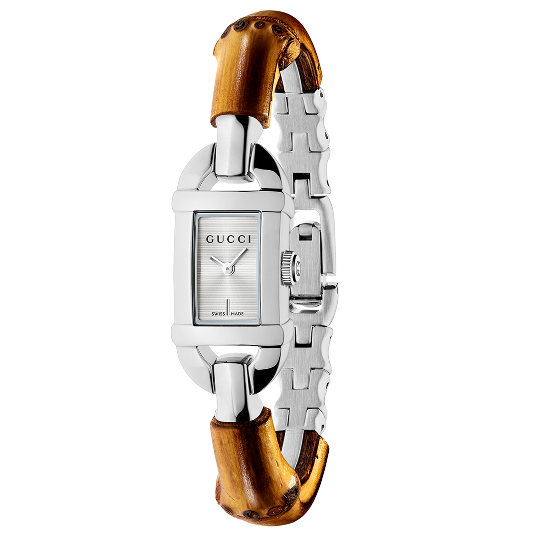 Gucci Bamboo Quartz 22mm x 17mm rectangular silver-tone watch with a bamboo-accented stainless steel link bracelet.