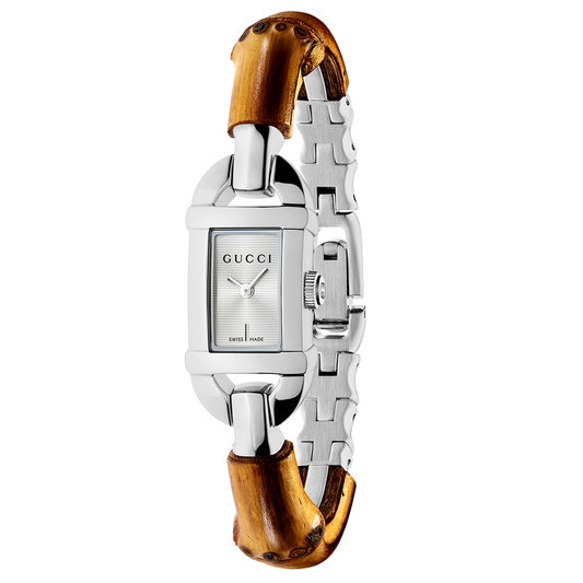 Gucci Bamboo Quartz 22mm x 17mm rectangular silver-tone watch with a bamboo-accented stainless steel link bracelet.