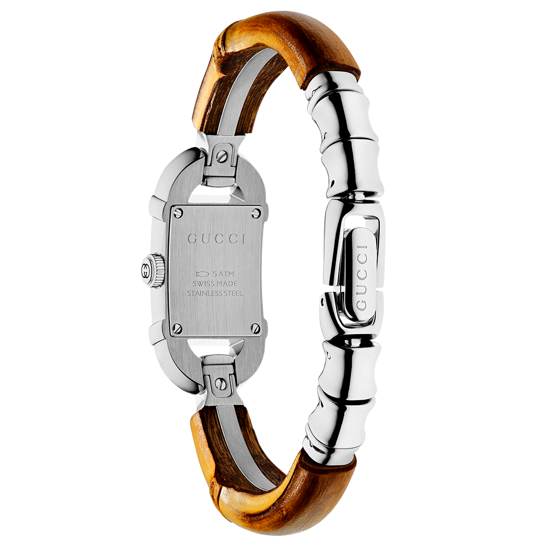 Gucci Bamboo Quartz 22mm x 17mm Watch with a rectangular stainless steel case and a bracelet featuring alternating bamboo and silver segments.