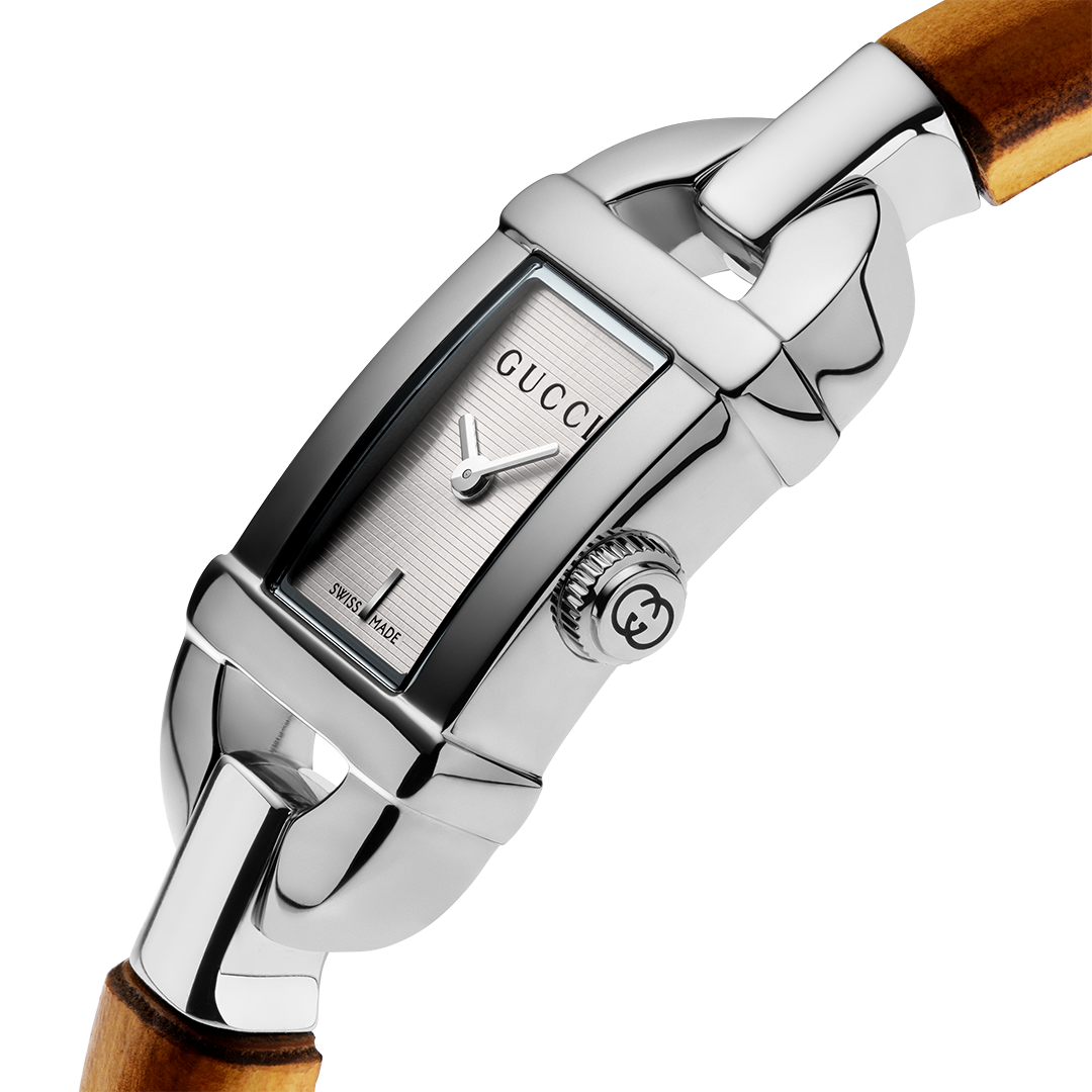 Rectangular stainless steel Gucci Bamboo Quartz 22mm x 17mm Watch featuring a silver dial and a bamboo-accented strap.