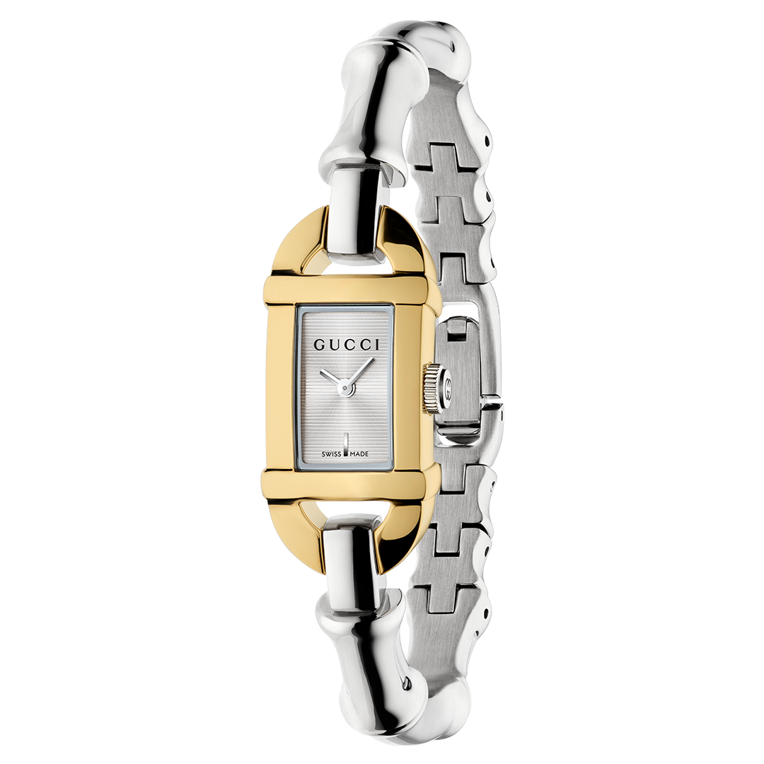 Gucci Bamboo Quartz 22mm x 17mm Watch featuring a rectangular yellow gold-plated case, silver dial, and a silver-tone metal bracelet with bamboo-style links.