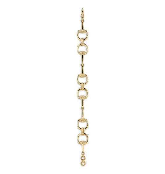 The Gucci Horsebit 18K Yellow Gold Diamond Link Bracelet from GUCCI Fine Jewellery boasts a distinctive and elegant design, featuring interlocking rings and oval links enhanced by round diamonds.