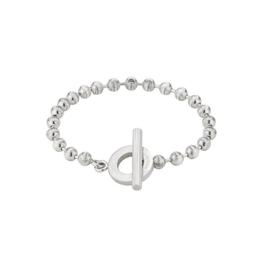 The GUCCI Fine Jewellery's Gucci Boule Sterling Silver Bead Bracelet captivates with its evenly spaced sterling silver beads for a sophisticated appearance. Its distinctive textured toggle clasp enhances the bracelet's refined elegance.