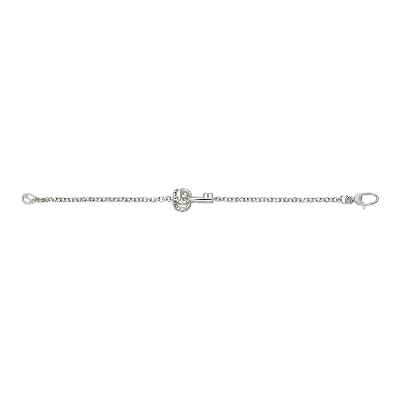 The elegant Gucci GG Marmont Key Charm Sterling Silver Bracelet by GUCCI Fine Jewellery is shown flat against a white background, showcasing its simple design with a small Double G key charm at the center.