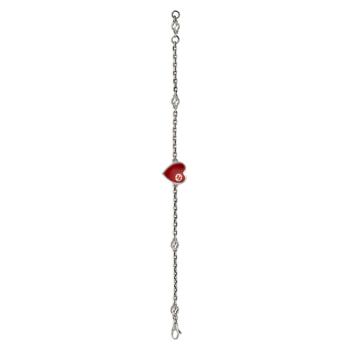 Gucci Interlocking G Sterling Silver Station Bracelet with Red Enamel Heart Pendant
